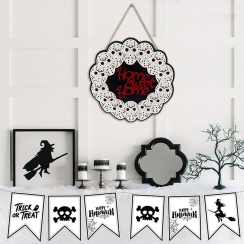 Halloween Skull Welcome Wooden Sign Lights 3D Flat Wall Hanging Front Door Bround Board Painted, 29cmhalloween Wreath Ghost Decor Hanger Rustic Farmhouse Porch Plaques Party Decoration for Garden Office Kitchen Home Restaurant Shop (skull wreath) in Saudi Arabia