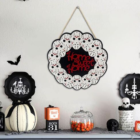 Halloween Skull Welcome Wooden Sign Lights 3D Flat Wall Hanging Front Door Bround Board Painted, 29cmhalloween Wreath Ghost Decor Hanger Rustic Farmhouse Porch Plaques Party Decoration for Garden Office Kitchen Home Restaurant Shop (skull wreath) in Saudi Arabia