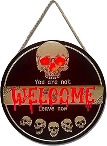 Halloween Skull Welcome Wooden Sign Lights 3D Flat Wall Hanging Front Door Bround Board Painted, 29cmhalloween Wreath Ghost Decor Hanger Rustic Farmhouse Porch Plaques Party Decoration for Garden Office Kitchen Home Restaurant Shop (skull wreath) in Saudi Arabia