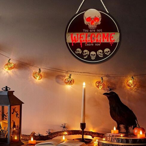 Halloween Skull Welcome Wooden Sign Lights 3D Flat Wall Hanging Front Door Bround Board Painted, 29cmhalloween Wreath Ghost Decor Hanger Rustic Farmhouse Porch Plaques Party Decoration for Garden Office Kitchen Home Restaurant Shop (skull wreath) in Saudi Arabia