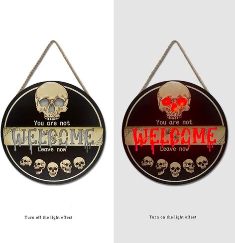 Halloween Skull Welcome Wooden Sign Lights 3D Flat Wall Hanging Front Door Bround Board Painted, 29cmhalloween Wreath Ghost Decor Hanger Rustic Farmhouse Porch Plaques Party Decoration for Garden Office Kitchen Home Restaurant Shop (skull wreath) in Saudi Arabia