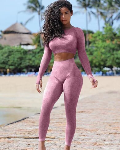 بدلة رياضية نسائية من OYS مكونة من قطعتين ملابس للتمرين بدون خياطة عالية الخصر سراويل رياضية بأكمام طويلة أطقم صالة الألعاب الرياضية فوشيا in Kuwait