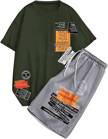 GORGLITTER Men's Drippy Clothes Slogan Graphic Short Sleeve T Shirt and Shorts Outfits in Saudi Arabia