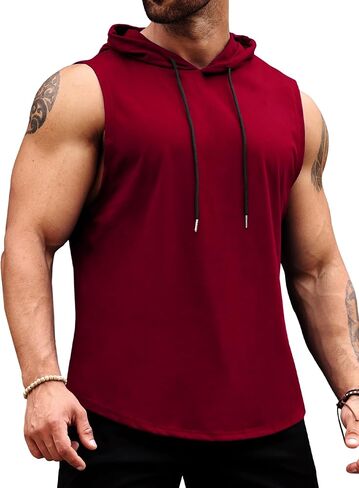 تي شيرت LecGee رجالي رياضي بدون أكمام بقلنسوة للتمارين الرياضية وكمال الأجسام مقطوع للعضلات in Kuwait