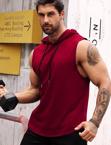 تي شيرت LecGee رجالي رياضي بدون أكمام بقلنسوة للتمارين الرياضية وكمال الأجسام مقطوع للعضلات in Kuwait