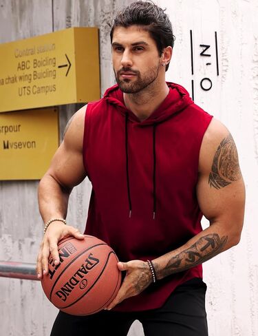 تي شيرت LecGee رجالي رياضي بدون أكمام بقلنسوة للتمارين الرياضية وكمال الأجسام مقطوع للعضلات in Kuwait