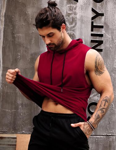 تي شيرت LecGee رجالي رياضي بدون أكمام بقلنسوة للتمارين الرياضية وكمال الأجسام مقطوع للعضلات in Kuwait