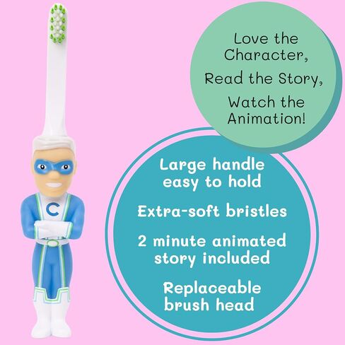Toothbrush Toys Kids Toothbrush 2-10 Year Old - Captain Cavity Superhero for Kids | Soft Bristles - Gentle on Gums | Large Handle – Easy Grip for Small Hands | Bonus Replaceable Brush Head in Saudi Arabia