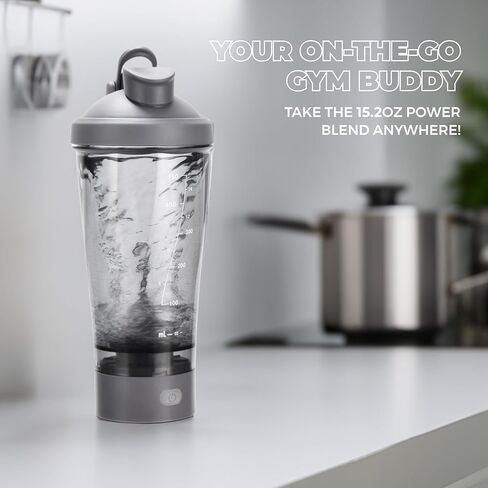 زجاجة شيكر بروتين كهربائية من هيدرات، 15.2 أونصة - قابلة لإعادة الشحن عبر USB - زجاجة شيكر لصالة الألعاب الرياضية - آمنة للطعام مع القياسات - بطارية 800 مللي أمبير في الساعة، سرعة محرك 5000-6000 دورة في الدقيقة - خلاط محمول للبروتين - رمادي in Kuwait