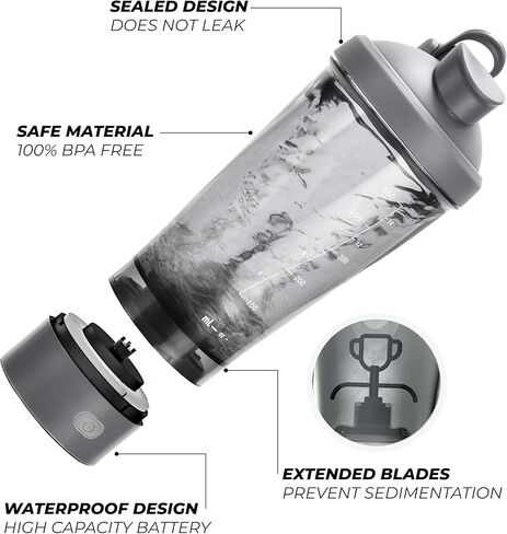 زجاجة شيكر بروتين كهربائية من هيدرات، 15.2 أونصة - قابلة لإعادة الشحن عبر USB - زجاجة شيكر لصالة الألعاب الرياضية - آمنة للطعام مع القياسات - بطارية 800 مللي أمبير في الساعة، سرعة محرك 5000-6000 دورة في الدقيقة - خلاط محمول للبروتين - رمادي in Kuwait