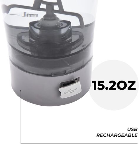 زجاجة شيكر بروتين كهربائية من هيدرات، 15.2 أونصة - قابلة لإعادة الشحن عبر USB - زجاجة شيكر لصالة الألعاب الرياضية - آمنة للطعام مع القياسات - بطارية 800 مللي أمبير في الساعة، سرعة محرك 5000-6000 دورة في الدقيقة - خلاط محمول للبروتين - رمادي in Kuwait