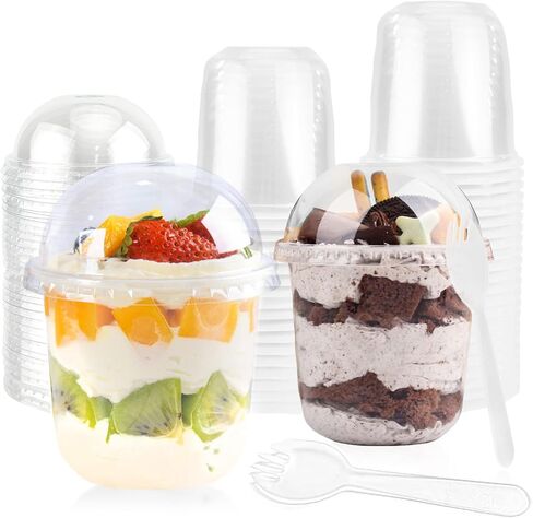 100 Pack 12 oz Clear Plastic Cups with Dome Lids and Sporks, Disposable Ice Cream Cups with Lids (NO Hole), Crystal Clear Parfait Cups for Ice Cream/Cake/Pudding/Drinks in Saudi Arabia