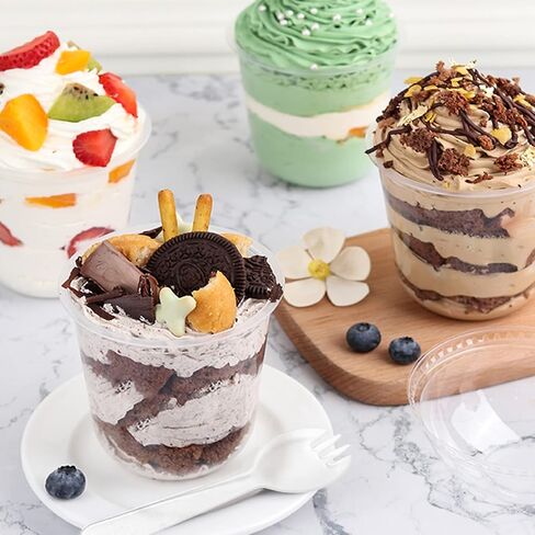 100 Pack 12 oz Clear Plastic Cups with Dome Lids and Sporks, Disposable Ice Cream Cups with Lids (NO Hole), Crystal Clear Parfait Cups for Ice Cream/Cake/Pudding/Drinks in Saudi Arabia