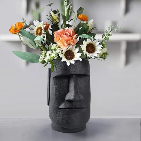 Notakia جزيرة عيد الفصح رئيس موي تمثال زهرة مزهرية وجه الأواني رئيس على شكل ديكور التماثيل المصنوعة من لهجات ديكور المنزل مصنوعة من الراتنج - 10.3 "ارتفاع (أسود كبير) in Kuwait