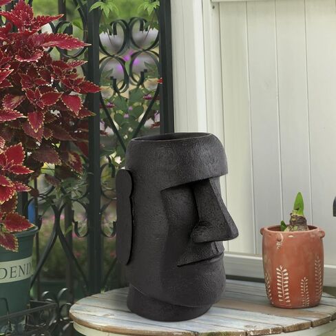 Notakia جزيرة عيد الفصح رئيس موي تمثال زهرة مزهرية وجه الأواني رئيس على شكل ديكور التماثيل المصنوعة من لهجات ديكور المنزل مصنوعة من الراتنج - 10.3 "ارتفاع (أسود كبير) in Kuwait