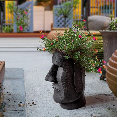 Notakia جزيرة عيد الفصح رئيس موي تمثال زهرة مزهرية وجه الأواني رئيس على شكل ديكور التماثيل المصنوعة من لهجات ديكور المنزل مصنوعة من الراتنج - 10.3 "ارتفاع (أسود كبير) in Kuwait