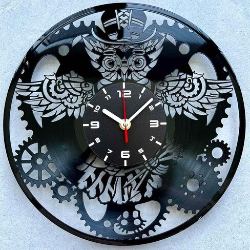 ساعة حائط من الفينيل على شكل بومة Steampunk مع تروس ميكانيكية مزخرفة، ديكورات فنية لغرفة المنزل بطابع عتيق - فكرة مجموعة هدايا ديكور لآلية هيكل عظمي لمحبي الأثاث القوطي القديم باللون الأسود in Saudi Arabia