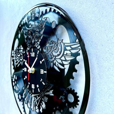 ساعة حائط من الفينيل على شكل بومة Steampunk مع تروس ميكانيكية مزخرفة، ديكورات فنية لغرفة المنزل بطابع عتيق - فكرة مجموعة هدايا ديكور لآلية هيكل عظمي لمحبي الأثاث القوطي القديم باللون الأسود in Saudi Arabia