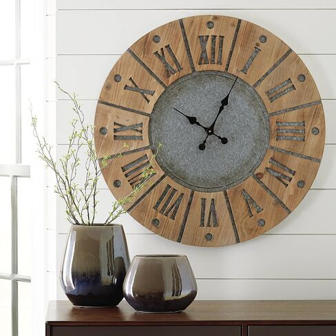 Signature Design by Ashley Payson Farmhouse Wall Clock, 30 x 30 Inches, Natural Wood Finish in Kuwait