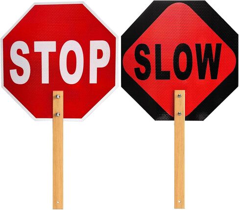 Stop Slow Sign - Double Sided Street Slow Warning Metal Reflective Signs, 13x13in Octagon Rust Free Aluminum, with Bamboo Handle, Waterproof, Easy to Assemble(1PCS) in Saudi Arabia