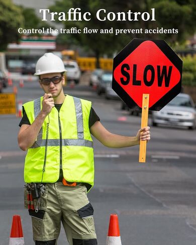 Stop Slow Sign - Double Sided Street Slow Warning Metal Reflective Signs, 13x13in Octagon Rust Free Aluminum, with Bamboo Handle, Waterproof, Easy to Assemble(1PCS) in Saudi Arabia