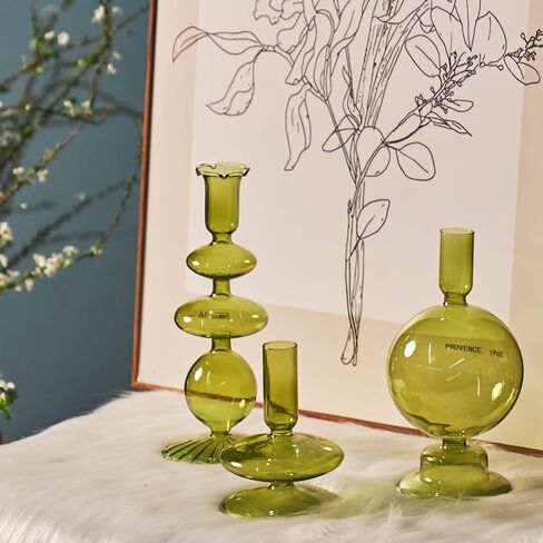 Green Tall Candle Holders, Glass Candle Holders Cute Whimsical for Table Centerpiece, Retro Taper Candle Holder Set (3 pcs, Green) in Saudi Arabia
