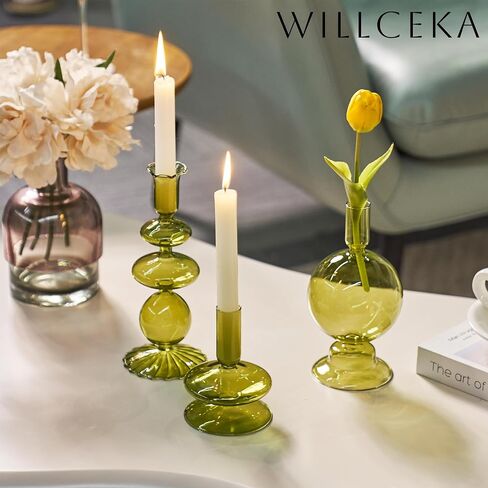 Green Tall Candle Holders, Glass Candle Holders Cute Whimsical for Table Centerpiece, Retro Taper Candle Holder Set (3 pcs, Green) in Saudi Arabia