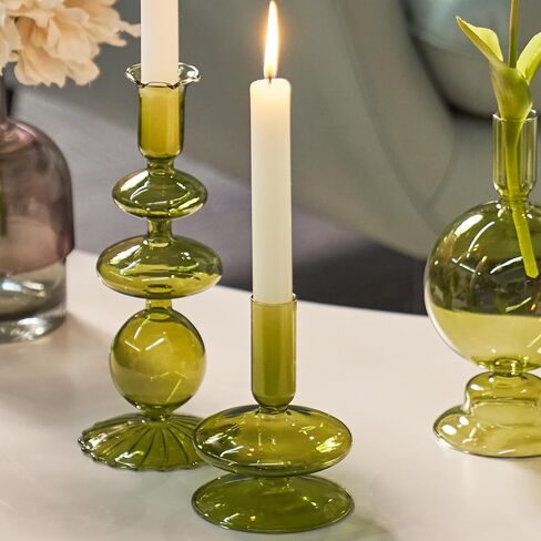 Green Tall Candle Holders, Glass Candle Holders Cute Whimsical for Table Centerpiece, Retro Taper Candle Holder Set (3 pcs, Green) in Saudi Arabia