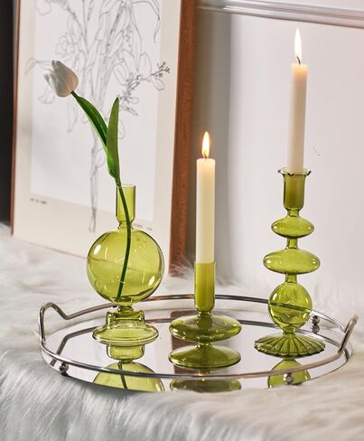 Green Tall Candle Holders, Glass Candle Holders Cute Whimsical for Table Centerpiece, Retro Taper Candle Holder Set (3 pcs, Green) in Saudi Arabia