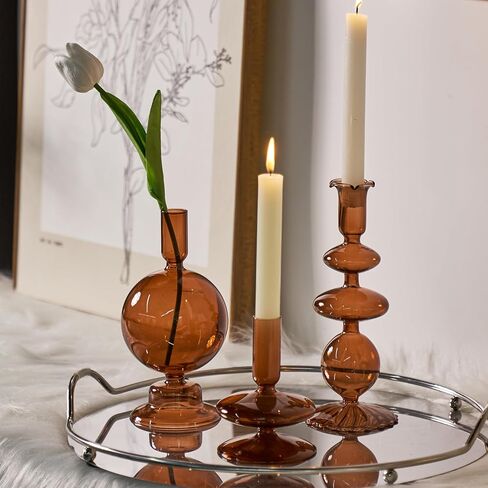 Green Tall Candle Holders, Glass Candle Holders Cute Whimsical for Table Centerpiece, Retro Taper Candle Holder Set (3 pcs, Green) in Saudi Arabia