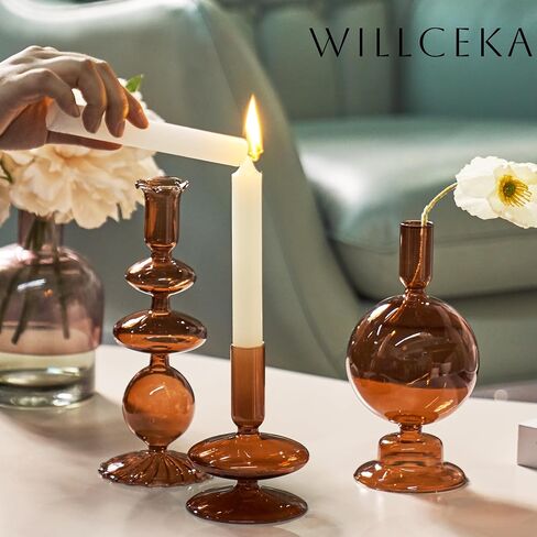 Green Tall Candle Holders, Glass Candle Holders Cute Whimsical for Table Centerpiece, Retro Taper Candle Holder Set (3 pcs, Green) in Saudi Arabia