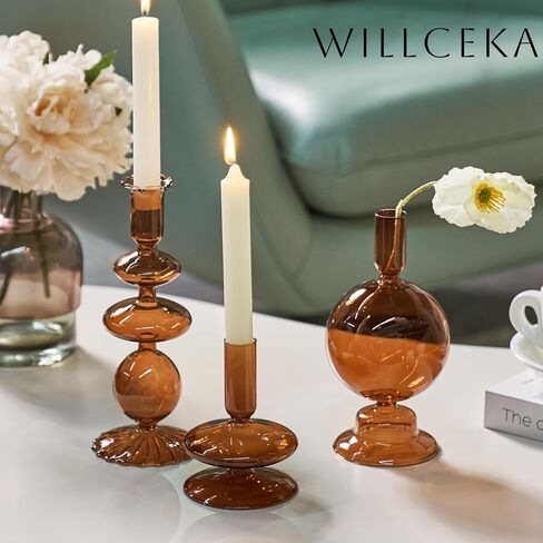 Green Tall Candle Holders, Glass Candle Holders Cute Whimsical for Table Centerpiece, Retro Taper Candle Holder Set (3 pcs, Green) in Saudi Arabia