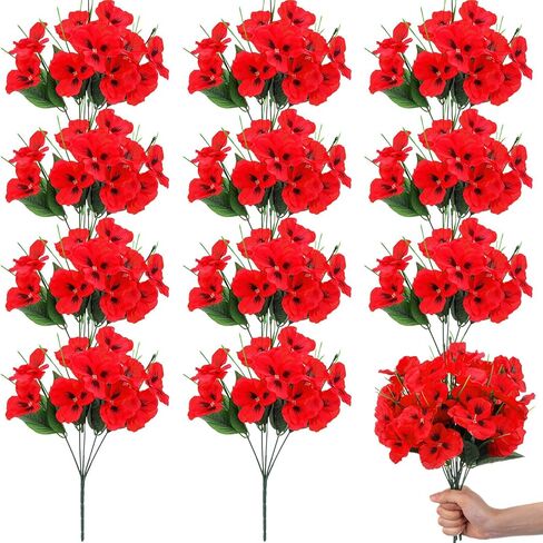XunYee 12 Bundles Artificial Pansies for Outdoors Faux Silk Outdoor Flowers UV Resistant Outdoor Fake Pansies for Planter Pot Floral Home Decor Indoor Garden Porch Patio (Red) in Saudi Arabia