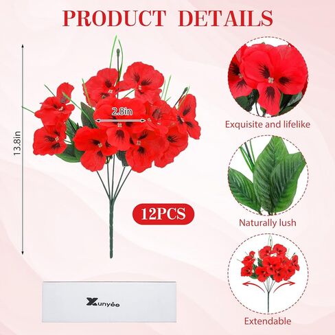 XunYee 12 Bundles Artificial Pansies for Outdoors Faux Silk Outdoor Flowers UV Resistant Outdoor Fake Pansies for Planter Pot Floral Home Decor Indoor Garden Porch Patio (Red) in Saudi Arabia