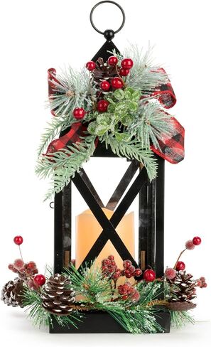 DEMDACO LED Pinecone and Berry Red and Green 15 Inch Christmas Candle Lantern in Saudi Arabia