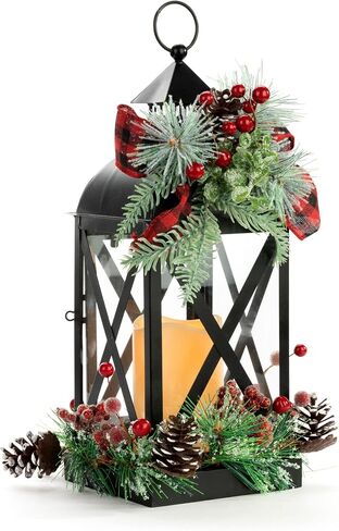 DEMDACO LED Pinecone and Berry Red and Green 15 Inch Christmas Candle Lantern in Saudi Arabia
