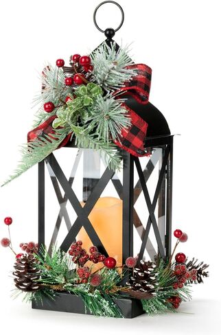 DEMDACO LED Pinecone and Berry Red and Green 15 Inch Christmas Candle Lantern in Saudi Arabia