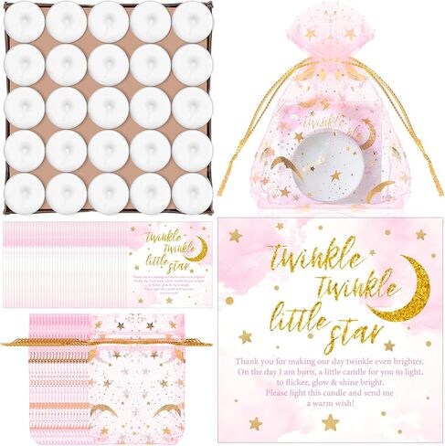 50 Sets Baby Shower Candle Favors 50 Pcs Tea Light Candles for Guests with 50 Pcs Moon Star Organza Bags and 50 Pcs Little Star Thank You Tags Party Favors for Baby Gender Reveal (Pink) in Kuwait