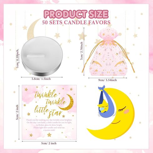 50 Sets Baby Shower Candle Favors 50 Pcs Tea Light Candles for Guests with 50 Pcs Moon Star Organza Bags and 50 Pcs Little Star Thank You Tags Party Favors for Baby Gender Reveal (Pink) in Kuwait