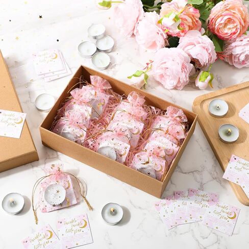 50 Sets Baby Shower Candle Favors 50 Pcs Tea Light Candles for Guests with 50 Pcs Moon Star Organza Bags and 50 Pcs Little Star Thank You Tags Party Favors for Baby Gender Reveal (Pink) in Kuwait