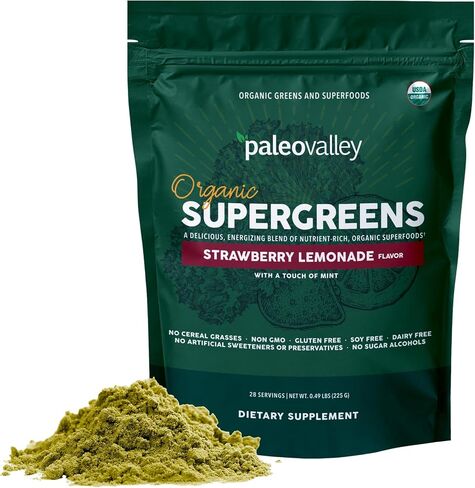 Paleovalley Organic Supergreens - Organic Greens Powder Superfood for Immune Support - Paleo Green Powder Blend - 28 Servings - 23 Organic Superfoods - Gluten Free, No Cereal Grasses, Soy or Grain in Saudi Arabia