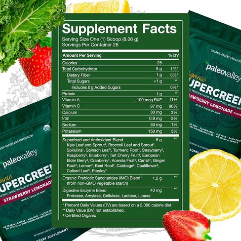 Paleovalley Organic Supergreens - Organic Greens Powder Superfood for Immune Support - Paleo Green Powder Blend - 28 Servings - 23 Organic Superfoods - Gluten Free, No Cereal Grasses, Soy or Grain in Saudi Arabia