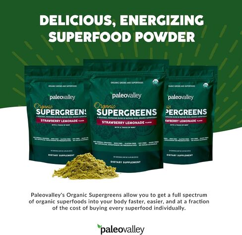 Paleovalley Organic Supergreens - Organic Greens Powder Superfood for Immune Support - Paleo Green Powder Blend - 28 Servings - 23 Organic Superfoods - Gluten Free, No Cereal Grasses, Soy or Grain in Saudi Arabia