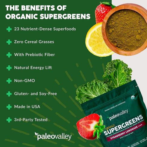 Paleovalley Organic Supergreens - Organic Greens Powder Superfood for Immune Support - Paleo Green Powder Blend - 28 Servings - 23 Organic Superfoods - Gluten Free, No Cereal Grasses, Soy or Grain in Saudi Arabia