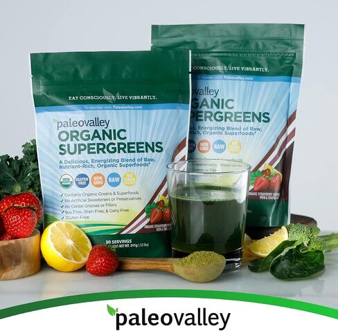 Paleovalley Organic Supergreens - Organic Greens Powder Superfood for Immune Support - Paleo Green Powder Blend - 28 Servings - 23 Organic Superfoods - Gluten Free, No Cereal Grasses, Soy or Grain in Saudi Arabia