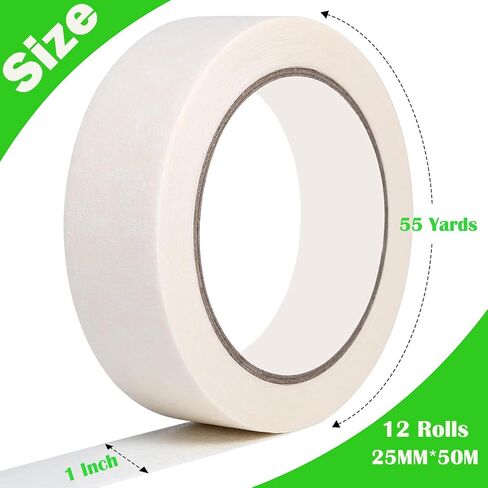 Masking Tape Painters Tape Painting Tape - 12 Rolls Beige White Painter's Tape 1 Inch x 55 Yards Paint Tape Artist Tape Paper Tape DIY Craft Tape for Decorating, Labeling - 25mm x 50M in Saudi Arabia