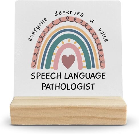 ديكور مكتب هدايا لأخصائي أمراض النطق، هدايا بوهو قوس قزح SLP علامة مكتب خشبية، هدية علاج النطق، الجميع يستحق لوحة خشبية صوتية مع حامل خشبي لديكور المنزل والمكتب in Kuwait