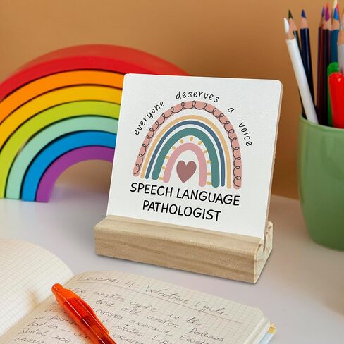 ديكور مكتب هدايا لأخصائي أمراض النطق، هدايا بوهو قوس قزح SLP علامة مكتب خشبية، هدية علاج النطق، الجميع يستحق لوحة خشبية صوتية مع حامل خشبي لديكور المنزل والمكتب in Kuwait
