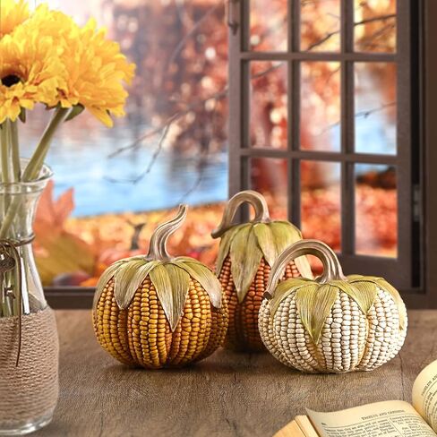 Valery Madelyn Pumpkins Fall Table Decor for Home, Set of 3 Decorative Corn Pumpkins Resin Figurines for Indoor Tabletop Centerpieces Gift for Autumn Thanksgiving Halloween Shelf Decoration 6.3 Inch in Kuwait