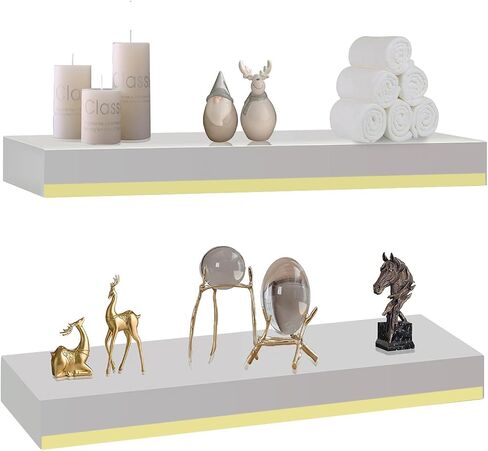 Thicked 1.78 inch Pine Wood White Gold Shelves with Thicked 1/5 Inch Heavy Duty Bracket,16 ×6.5 Inch Gold Floating Shelves with Stainless Steel Trim Strip,White Gold Shelves for Wall set of 2 in Saudi Arabia
